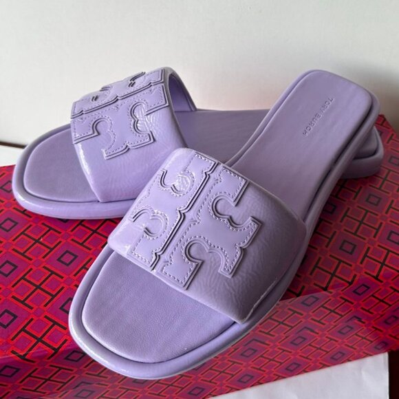 NIB TORY BURCH Double T Sport Slide Sandals Lavender Cloud Size 7 & 8.5 - Picture 1 of 5